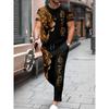 2D Printing Men'S Casual Fashion Sports Lion Print Round Neck Short Sleeve Long Pants Set