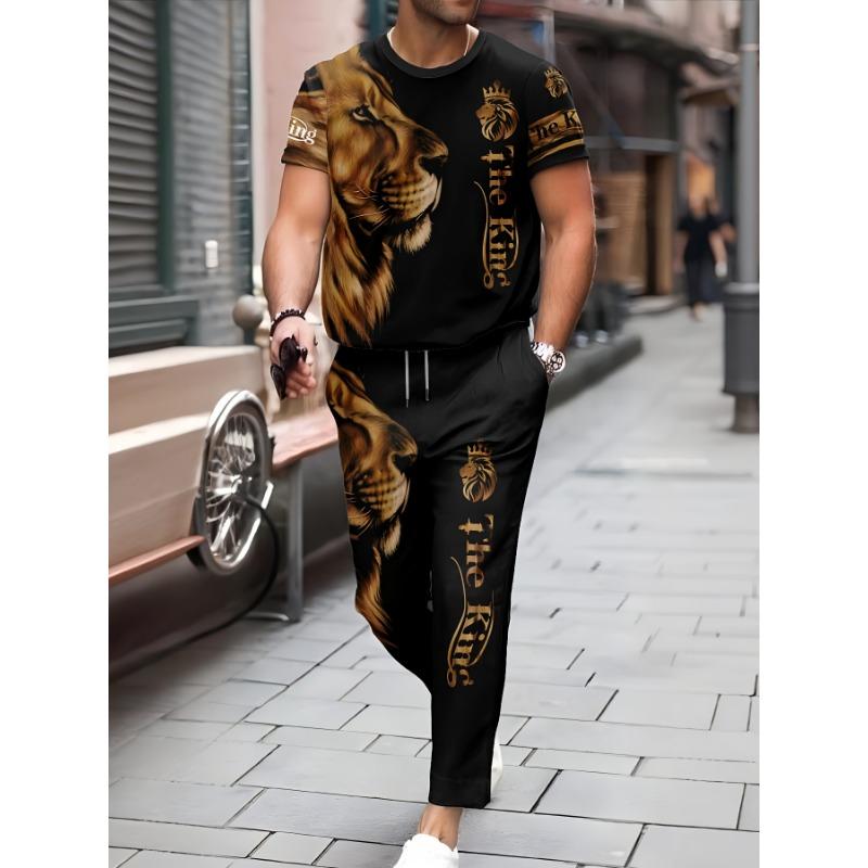 2D Printing Men'S Casual Fashion Sports Lion Print Round Neck Short Sleeve Long Pants Set