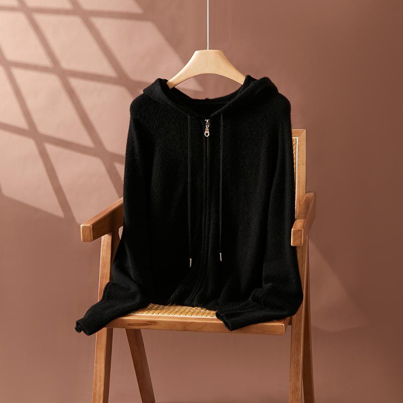 Women's Cashmere Hooded Double Zipper Cardigan - Solid Color, Warm, Stylish Autumn/Winter Jacket