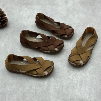 Echtleder Gewebte Sandalen Sommer Zehenbedeckungen Flache Schuhe Vielseitige Weiche Rindsleder Damen Sandalen