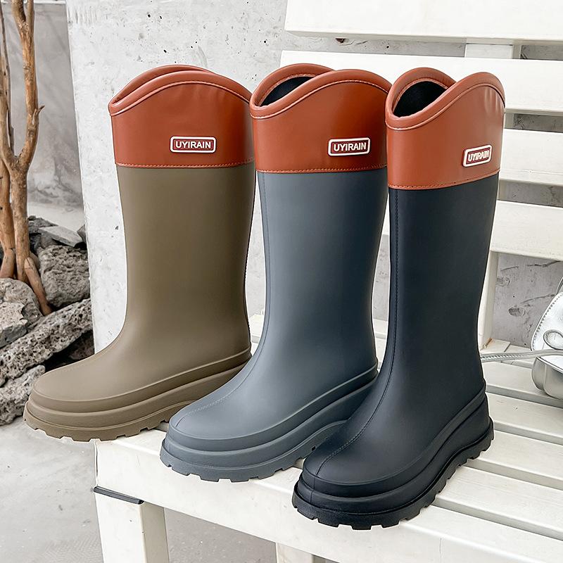 Tall rain shoes women's fashion rain boots outdoor waterproof shoes rubber shoes velvet thick-soled waterproof boots