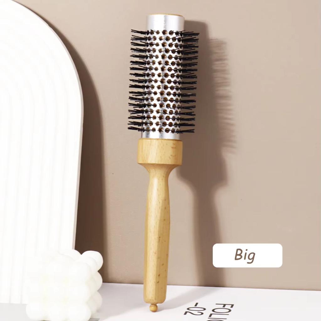 Hairstyling Nylon Hair Brush - Hair Dryer Cylinder Curling Comb - Aluminum Tube Comb and Wooden Handle