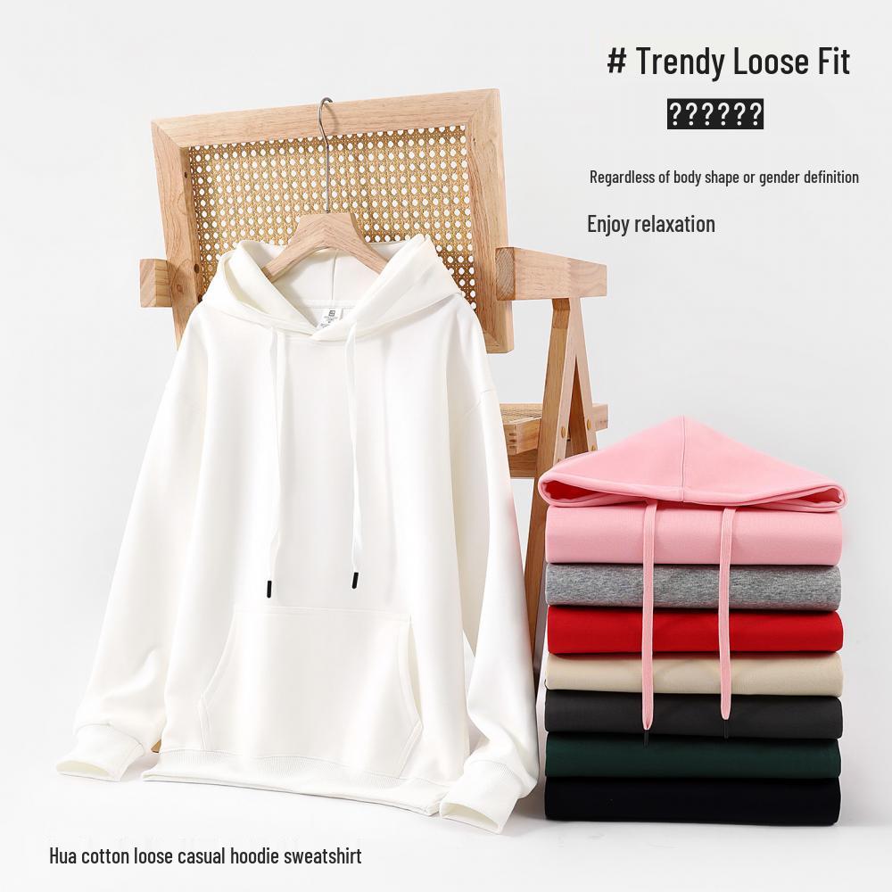 Hua Cotton Drop Shoulder Double Hood Sweatshirt - 300g Casual Solid Color Loose Fit (681)