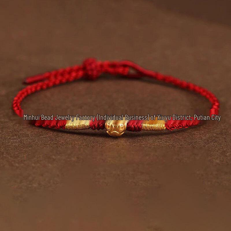 Year of the Horse Gold Wealth Bracelet with Pixiu, Clover Charm, and Red Rope
