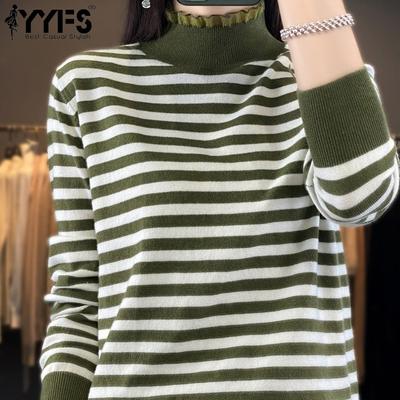 Women's Fashion Casual Stripe Print Autumn Winter Long Sleeve Half Turtleneck Sweaters