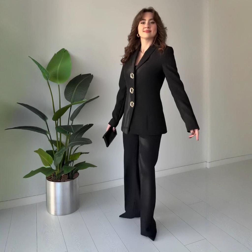 2025 Autumn New Cross-border European and American Casual Leopard Print Suit Cardigan Zipper Slit Long Sleeve Jacket Straight-Leg Pants Set