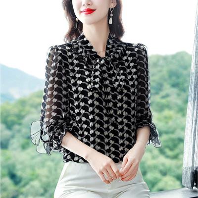 Letní novinka Mašle Šála Límec Košile s volánky Dámská móda Květinová šifonová košile Top Maminka halenka s dlouhým rukávem 4XL