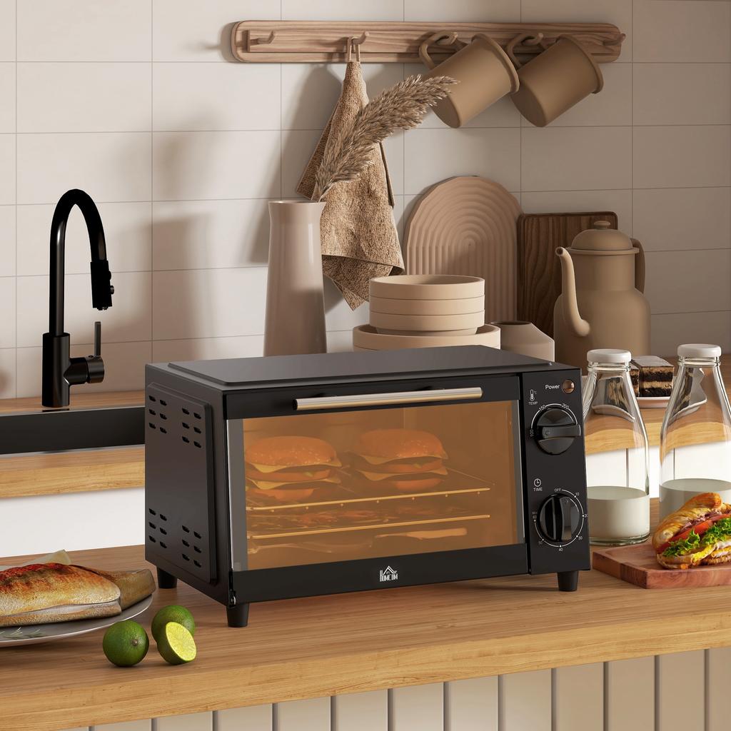 Mini Oven, 9 Liter Capacity, Adjustable Temperature and Cooking Time, with Grill Rack and Baking Tray, Black