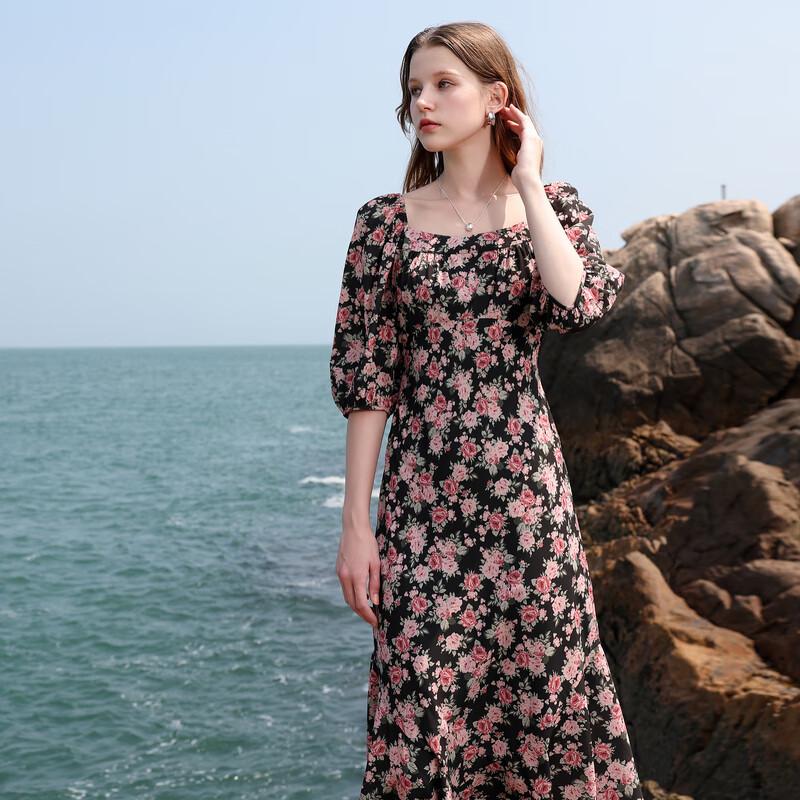 SanCai French Square Neck Floral Chiffon Maxi Dress