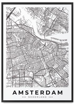 Poster Karte Stadtplan Amsterdam schwarzer Rahmen, Rahmen, Posterrahmen