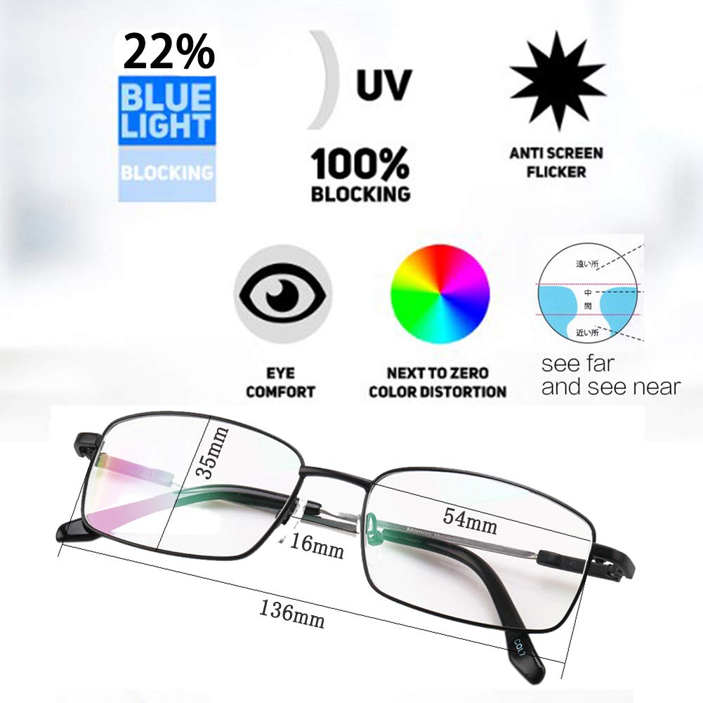 KLESIA Reading Progressive Bifocal Glasses with Memory Blue Light and UV400 Protection Glasses, Focus, Alloy, (2.5, Black)