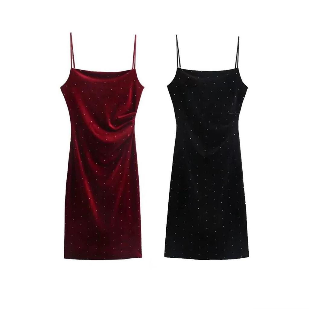 Autumn/Winter Velvet Ruched Slit Camisole Dress: European & American Style