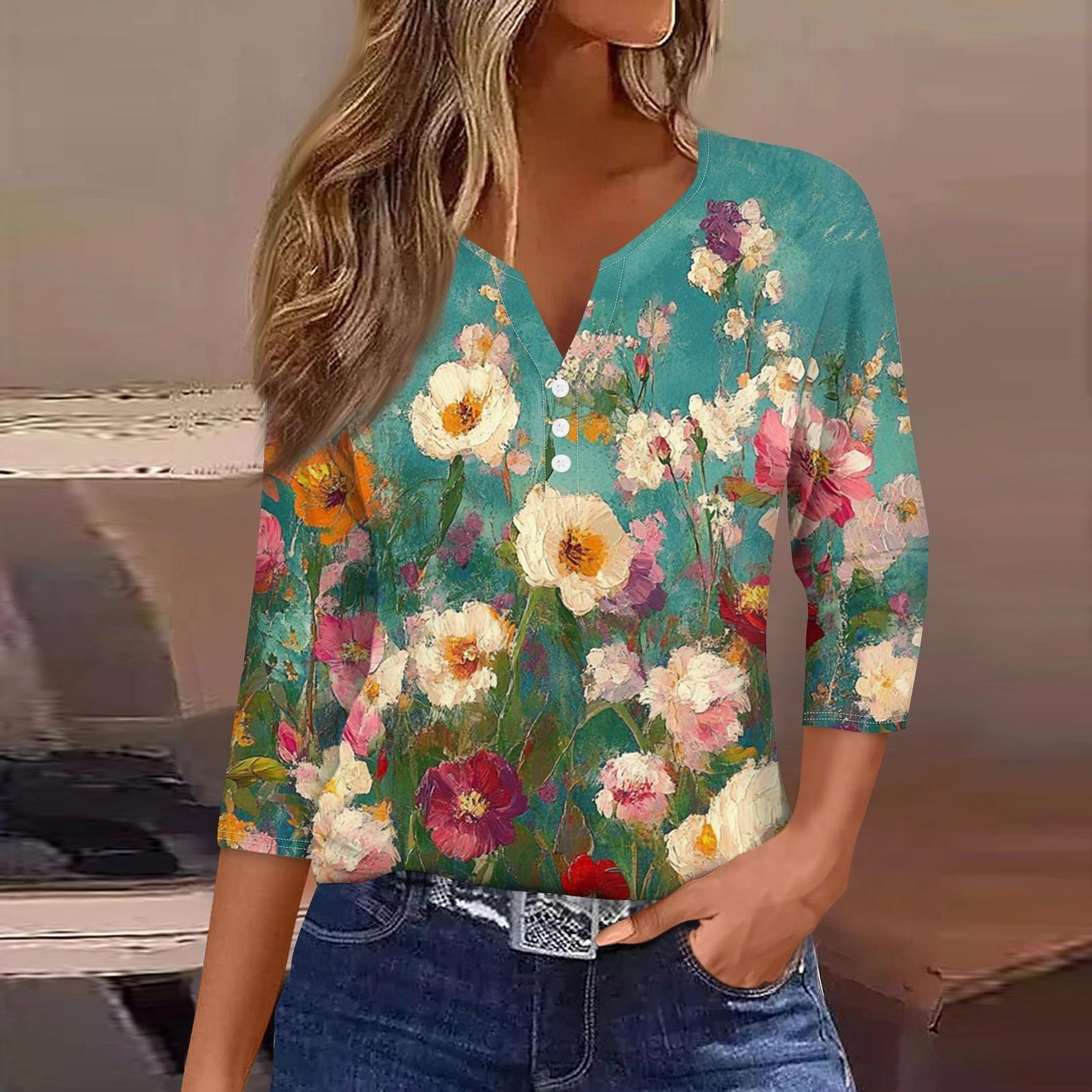 

Жен. Футболка Футболка С принтом Пуговицы Рукав 3/4Ежедневно Выходные Мода Классический Топ с v-образным вырезом Обычный XL