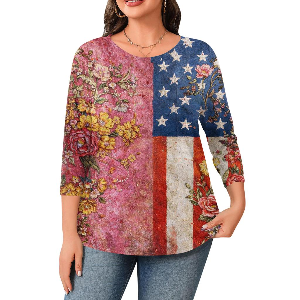 Women Plus Size Crew Neck 34 Sleeve Independence Day Printed Top Loose Fit Casual Blouse for Comfortable Daily Wear