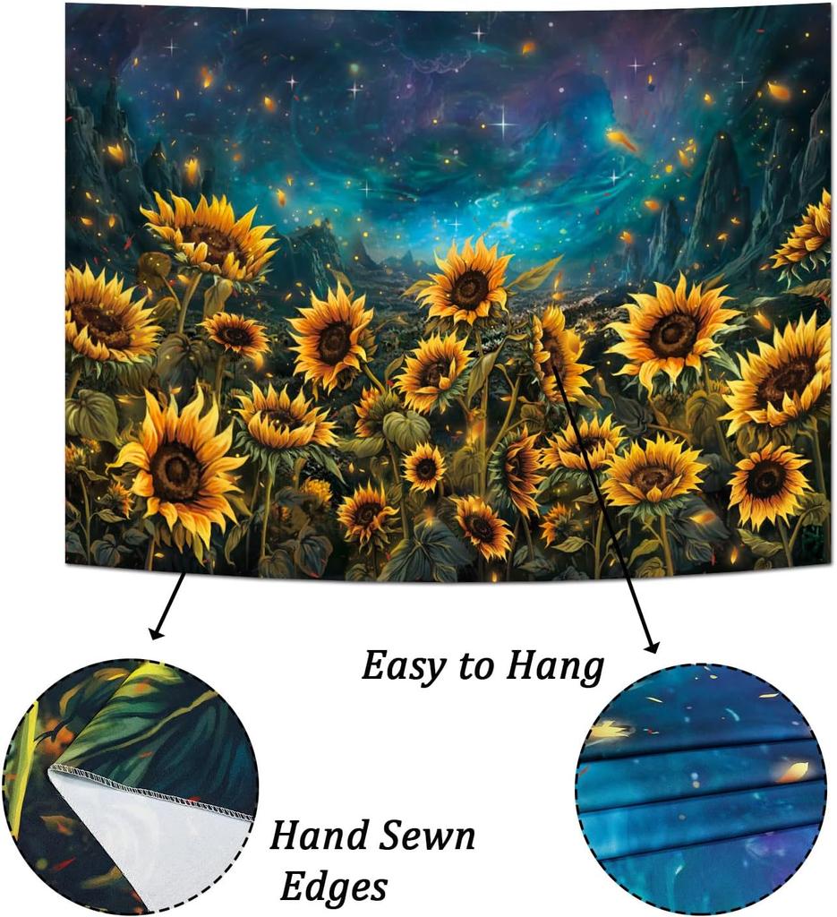 Heynvioo Sunflower Tapestry Galaxy Space Tapestry Fall Yellow Floral Plants Tapestries Starry Sky Mountain Nature Tapestries Wal
