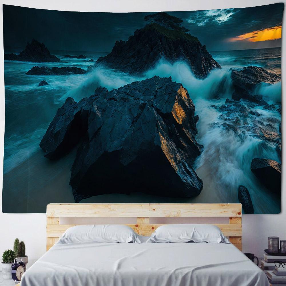 Sea Night Scene Tapestry Wall Hanging Psychedelic Hippie Decoration Background Wall Poster Living Room Home Art Decoration