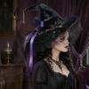 Halloween Night Decorations Witch Hat for Women Lace Wizard with Ribbon Bow Black Party Mesh Veil Costume Accessory Adults Fancy Dress Cosplay