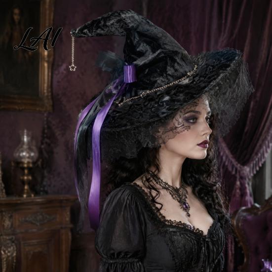 Halloween Night Decorations Witch Hat for Women Lace Wizard with Ribbon Bow Black Party Mesh Veil Costume Accessory Adults Fancy Dress Cosplay