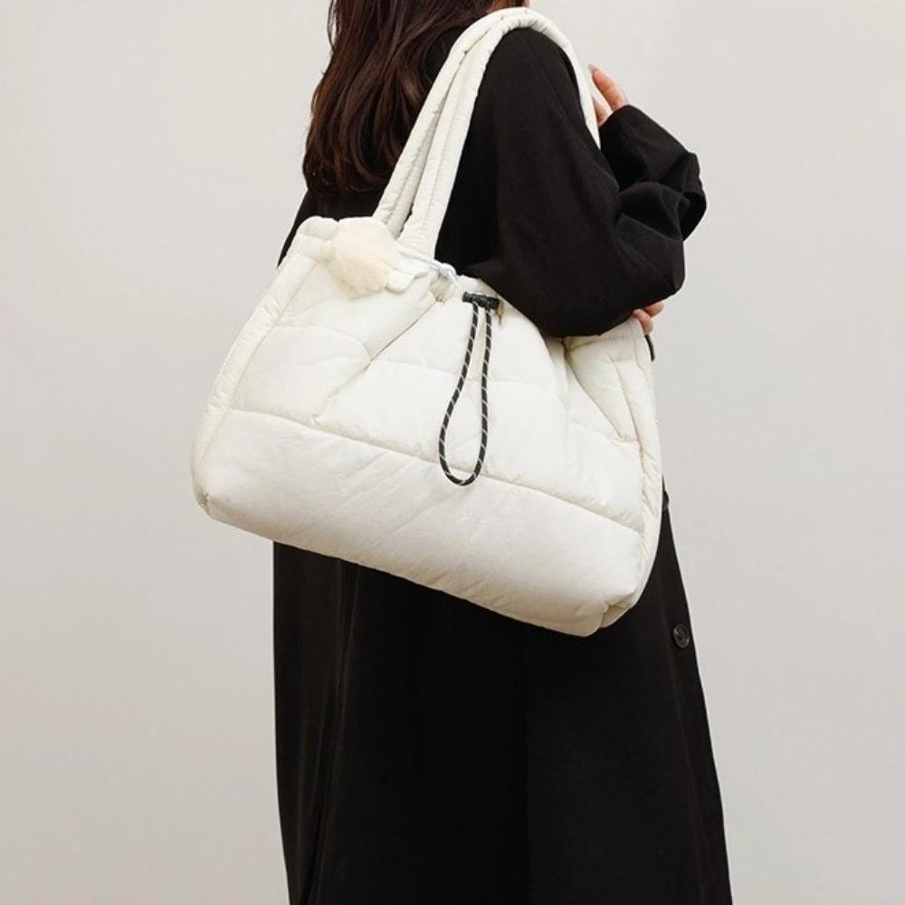 Versatile Puffy Quilted Tote Bag Down Large Capacity Underarm Bags Drawstring Shoulder Bag Casual