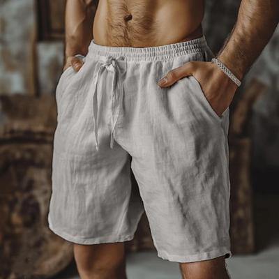 Leinenshorts Kordelzug elastischer Bund gerade Beine einfarbig atmungsaktiv täglich Strand Fünf-Punkte Freizeithose