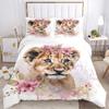 3pcs Little Lion & Flowers Quilt Set Cartoon Themed Bed Quilt Set Lovely Character Bedroom Decor Bed Quilt Set Four Seasons (1 Cover + 2Pillowcas