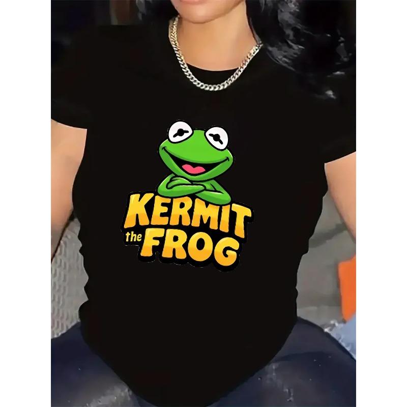

European sizes A Black T-Shirt with Short Sleeves Showcasing a Design of Kermit The Frog, Crafted from Sturdy Material, Ideal for Relaxed Outings 4XL