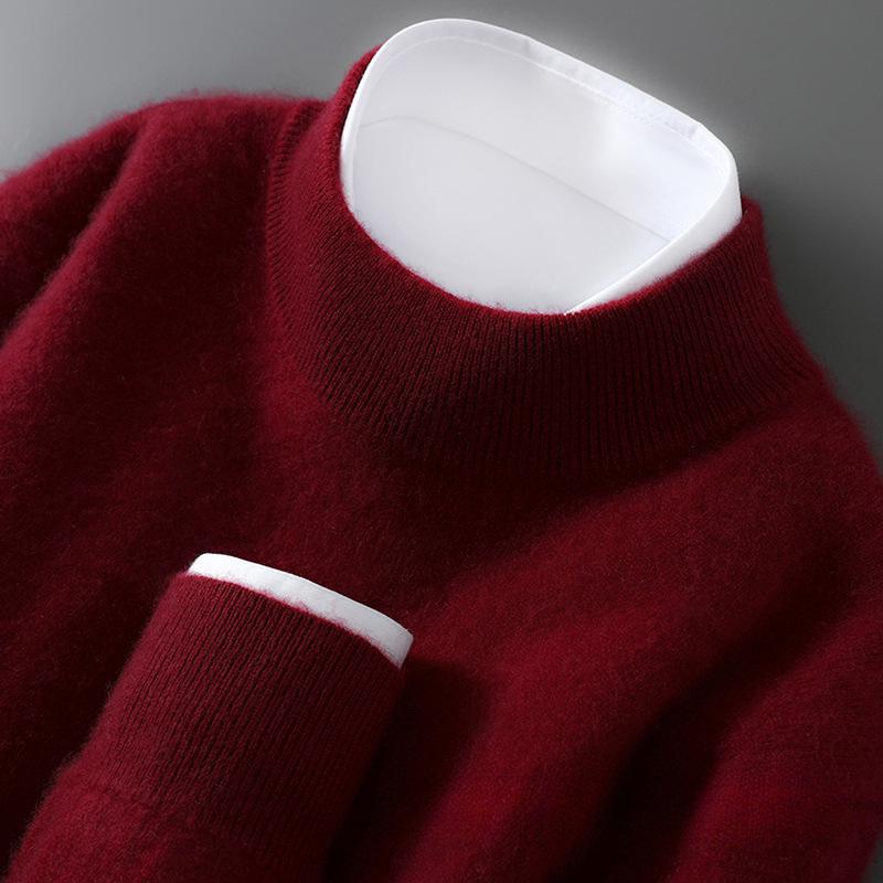 Men's Pure Wool Cashmere Knit Pullover - Autumn/Winter Half-High Neck Sweater