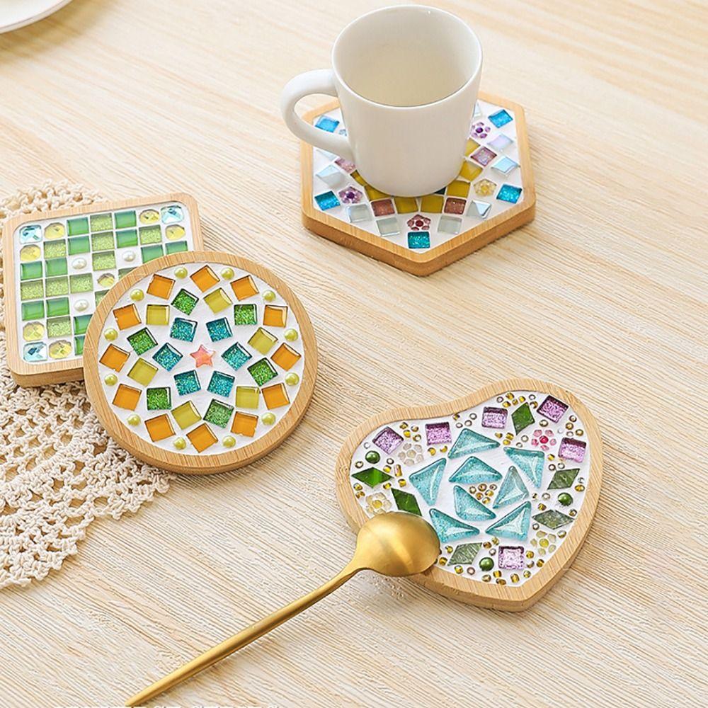 Square Round DIY Mosaic Cup Mat Mosaic Glass Bamboo Pad Creative Handmade Coaster  Toys