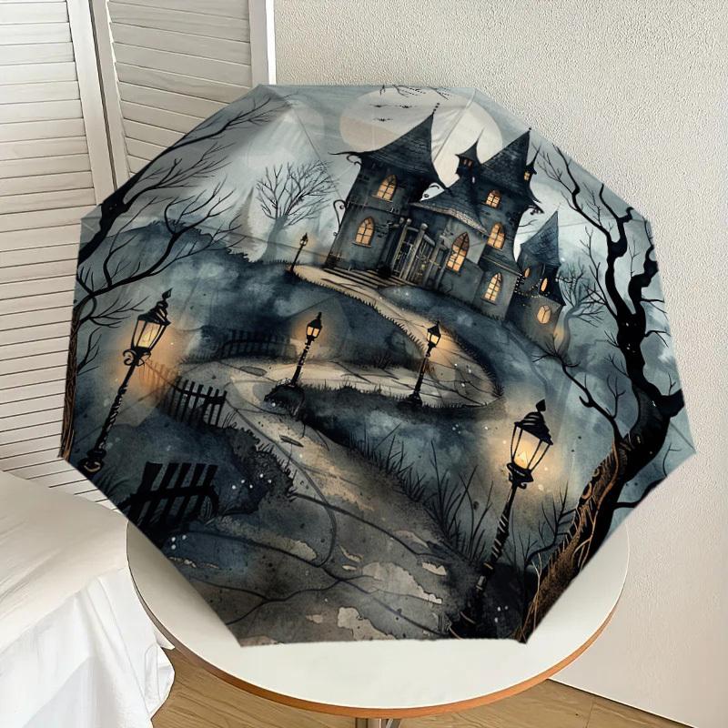 1pc Haunted House Spooky Night Pattern Umbrella Automatic Opening and Closing Umbrella, High-quality Travel Umbrella, Lightweight and Portable, -43