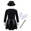 Girls Magician Costume Set Long Sleeve Bow Tie Back Zipper Sequin Leotard Hat Magic Wand Gloves