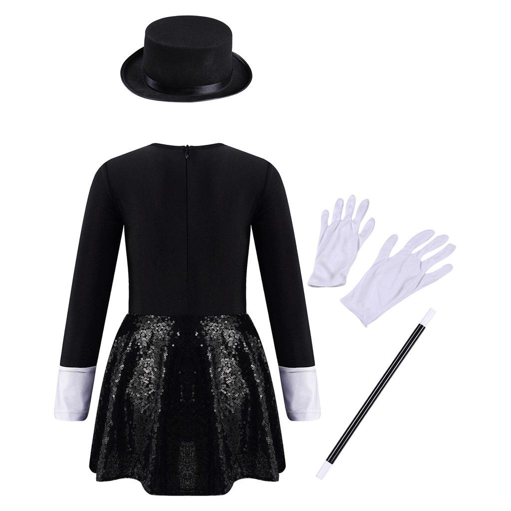 Girls Magician Costume Set Long Sleeve Bow Tie Back Zipper Sequin Leotard Hat Magic Wand Gloves