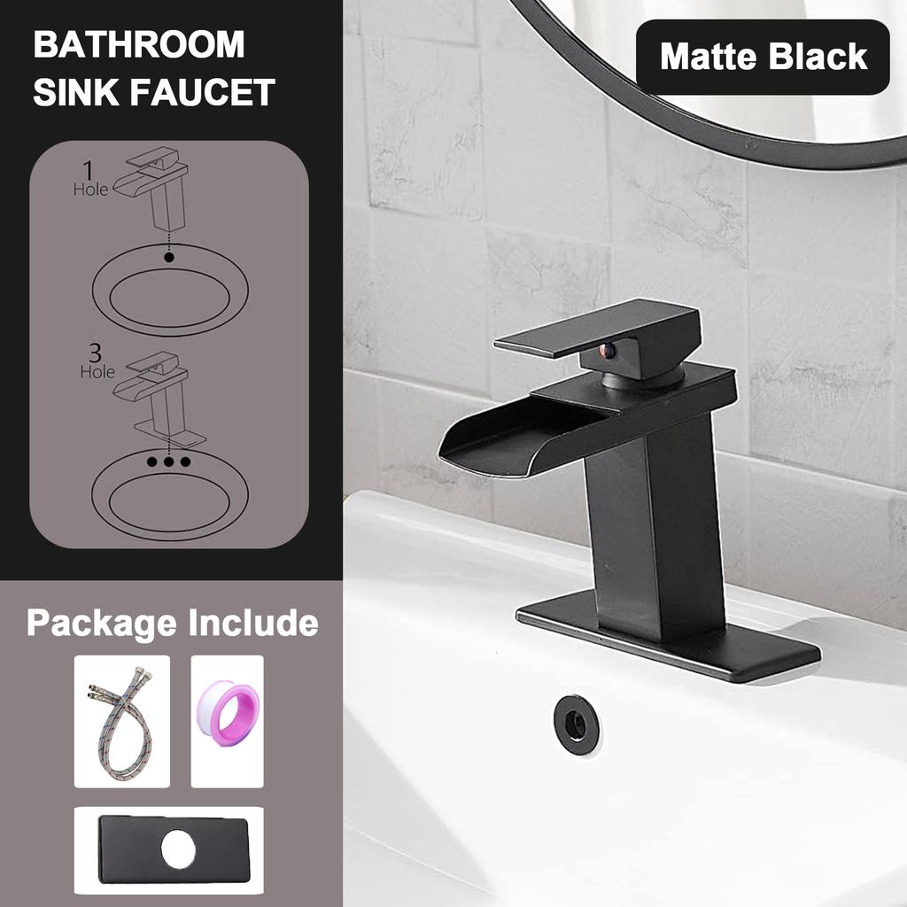 Single Hole Single Handle Modern Vanity Lavatory Basin Hot& Cold Mixer Tap with Drain Combo Matte Black Waterfall Basin Faucet