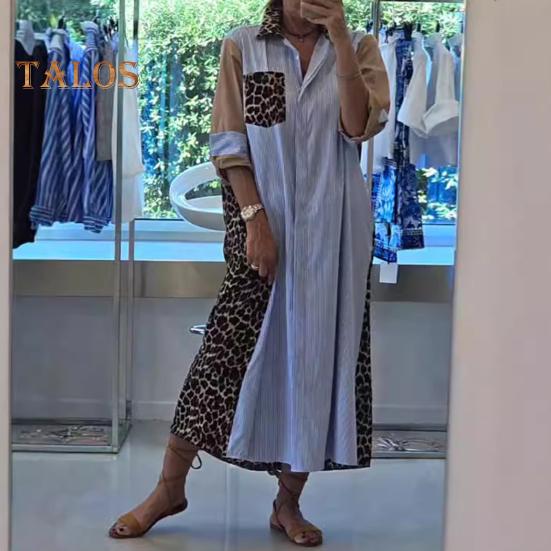 Lady Shirt Dress Leopard Print Patchwork Turn-down Collar Contrast Color Single-breasted Loose A-line with Chest Pockets Spring Fall Midi Dress