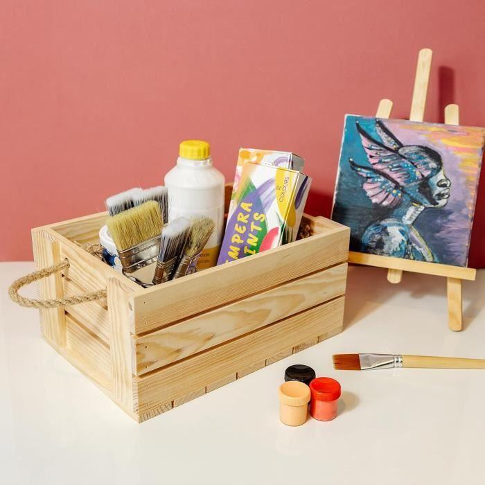 Boîte de rangement - CREATIVE DECO - Caisse en Bois Naturel - 33,5 x 24 x 14,5 cm - Poignées en Corde de Jute