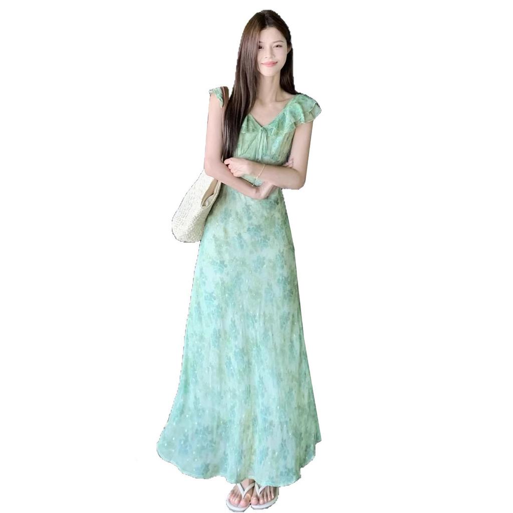 (double Layer) Green Floral Dress for Women's Summer Seaside Vacation Wear, Summer Sleeveless A-shaped Long Dress