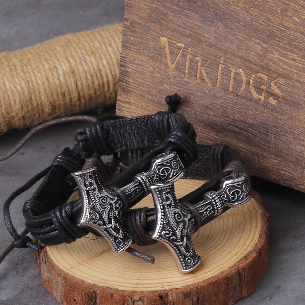 Pulsera Vikinga Hecha a Mano para Hombre Martillo de Thor Envolvente Cuero Accesorio Pirata Caja de Regalo para Hombre