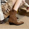 Fashion Vintage Design Pointed Toe Women Western Cowboy Boots Fashion Festival Thick Heel Female Short Booties