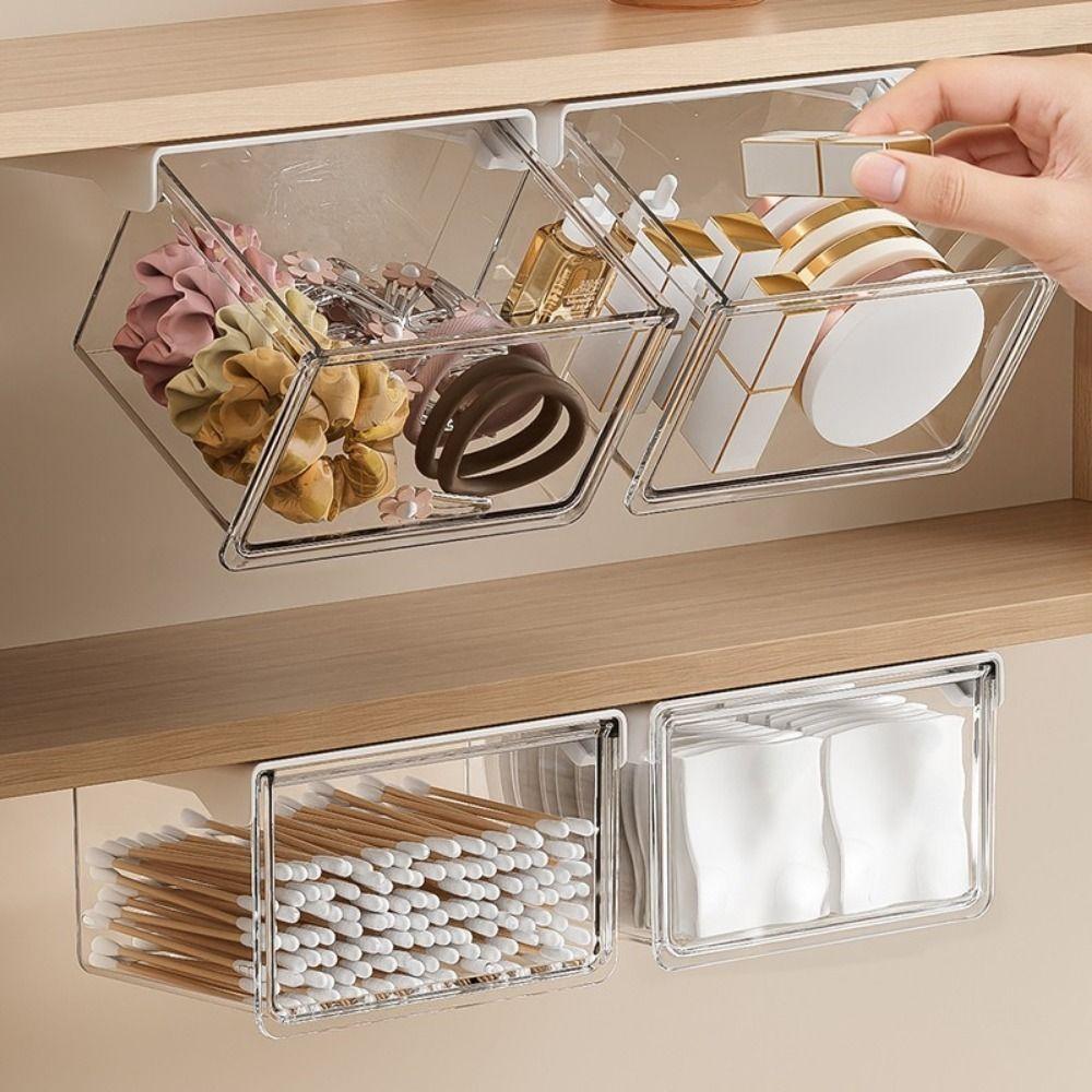 Plastic Drawer Style Storage Box Self Adhesive Transparent Under Desk Drawer Organizer Space Saving Large Capacity Qtip Holder