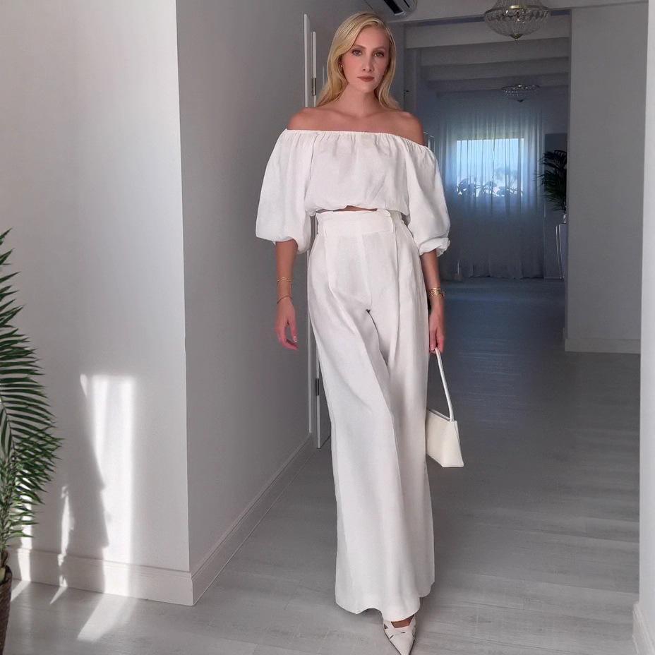 Европейский и американский женский летний бутик: Сексуальный повседневный модный комплект с коротким рукавом 2XL белый