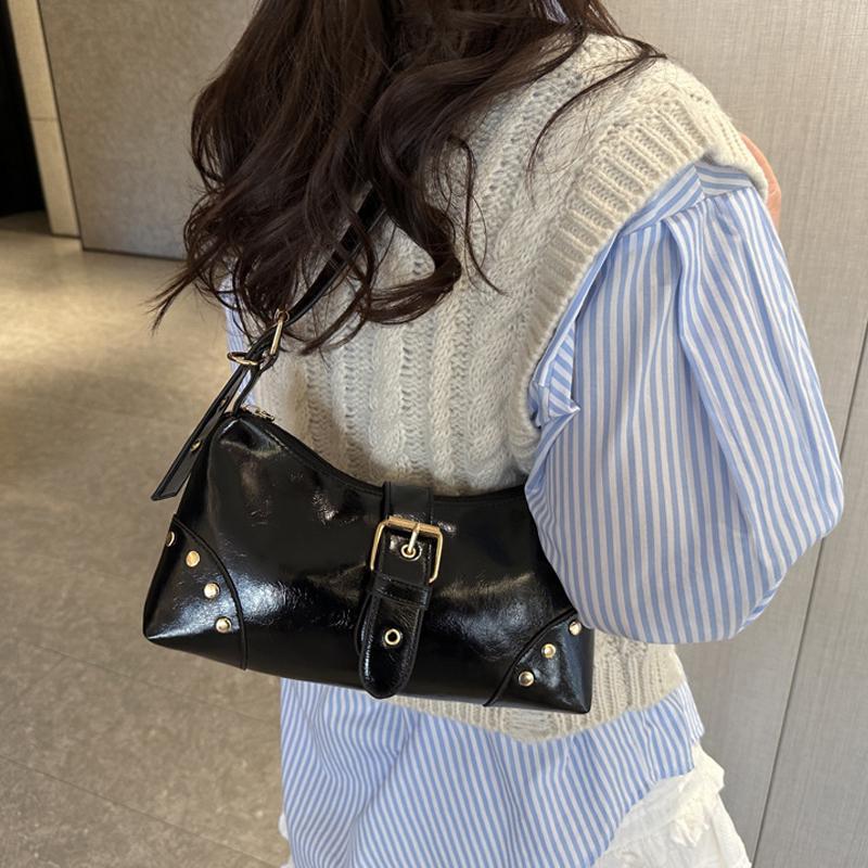 New Designer Buckle Armpit Bag Vintage Y2k Rivet Shoulder Bag Gothic Pu Leather Spicy Girl Hobo Handbag For Women