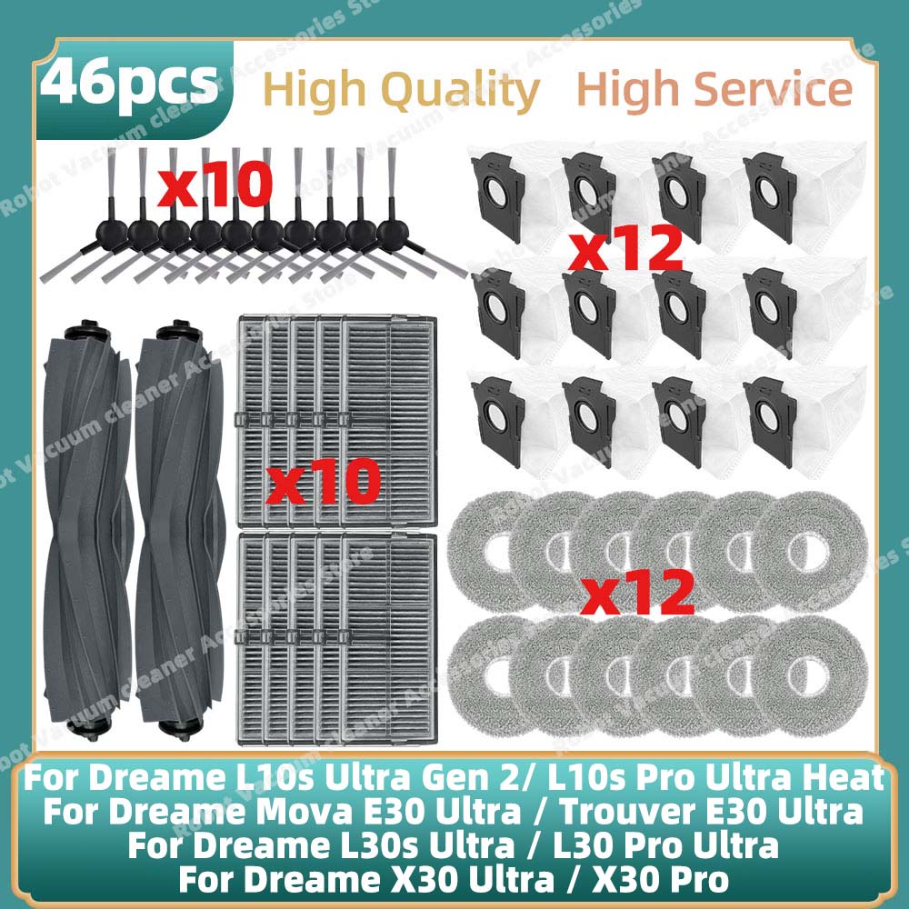 Passend für Dreame L10s Ultra Gen 2 / L10s Pro Ultra Heat / Mova E30 Ultra / Trouver E30 Ultra Ersatzteile: Hauptbürste, Seitenbürste, Filter, Wischbeutel