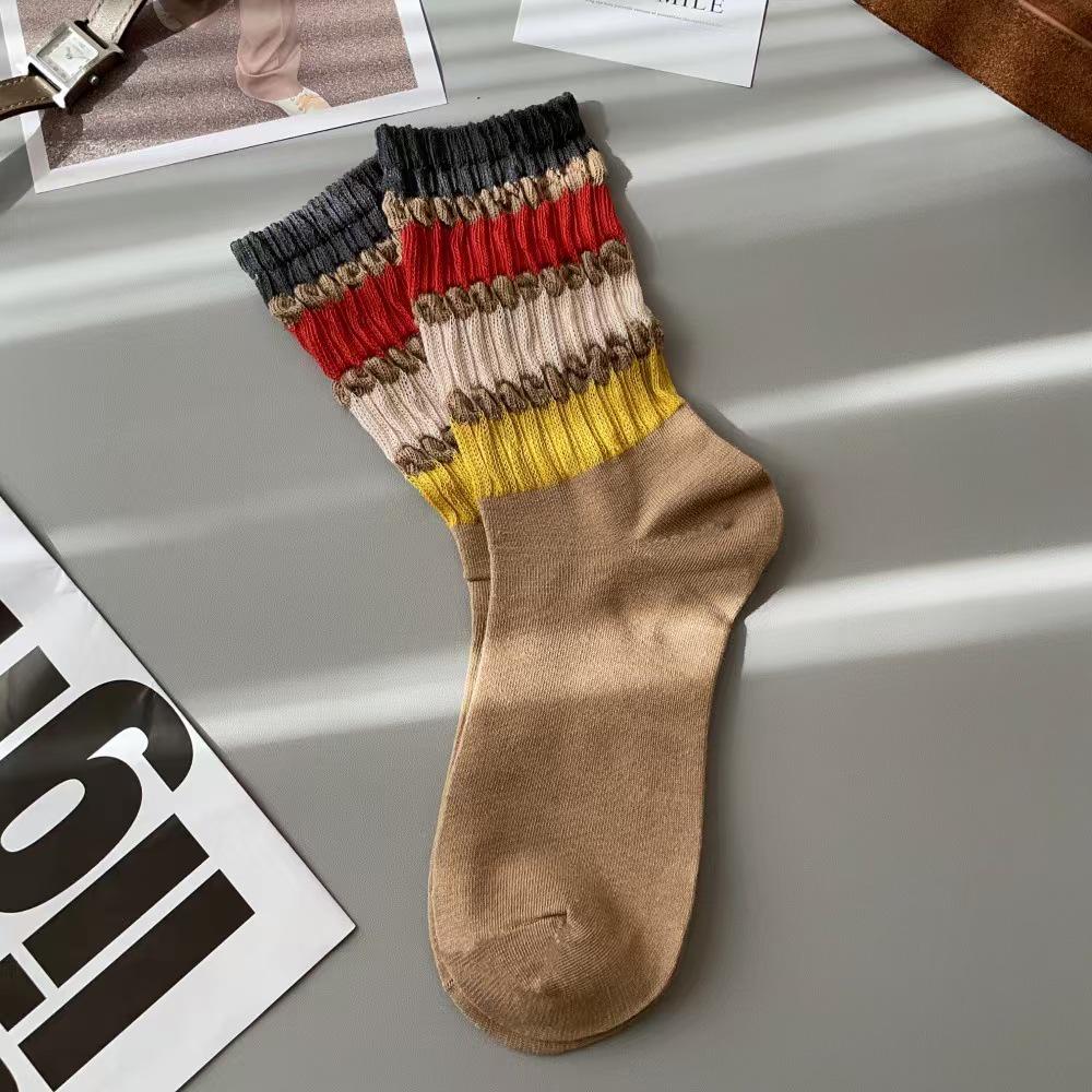 Women's Loose Cuff Striped Rainbow Socks - Korean Style, Internet Celebrity Inspired, Comfortable Spring/Autumn Fit, Retro Long Socks.