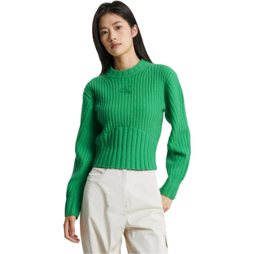 Calvin Klein FW23 Letter Texture Round Neck Pullover Sweater Women sweater Emerald-Green J222303