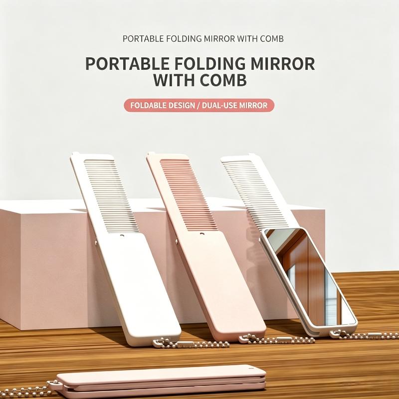2 in 1 Anti-Static Foldable Hair Comb with Small Makeup Mirror Mini Portable for Travel Cosmetic Touch-ups