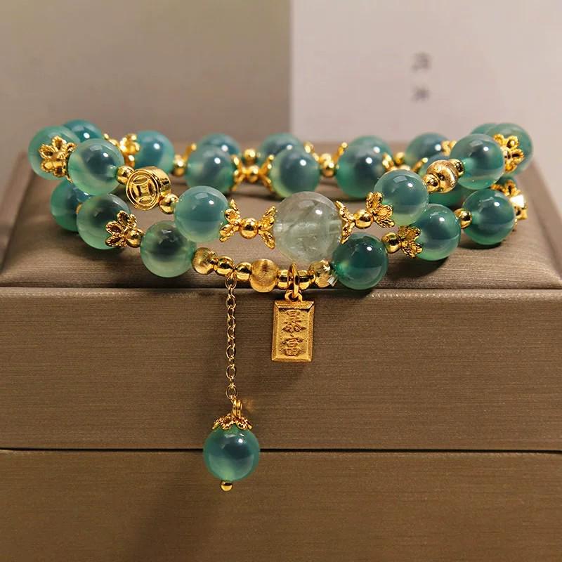 Exquisite Double Layer Heart Agate & Crystal Bracelet for Women – Luxurious Green Charm with High-End Appeal