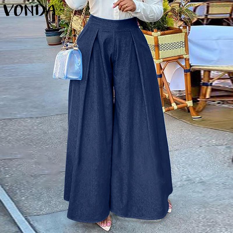VONDA Primavera Moda Donna Pieghettato Gamba Larga Vacanze Pantaloni Lunghi  Palazzo Tinta Unita Vita Alta Casual Loose Maxi Pantaloni Plus Size  acquista in modo economico — spedizione gratuita, recensioni reali con foto  —