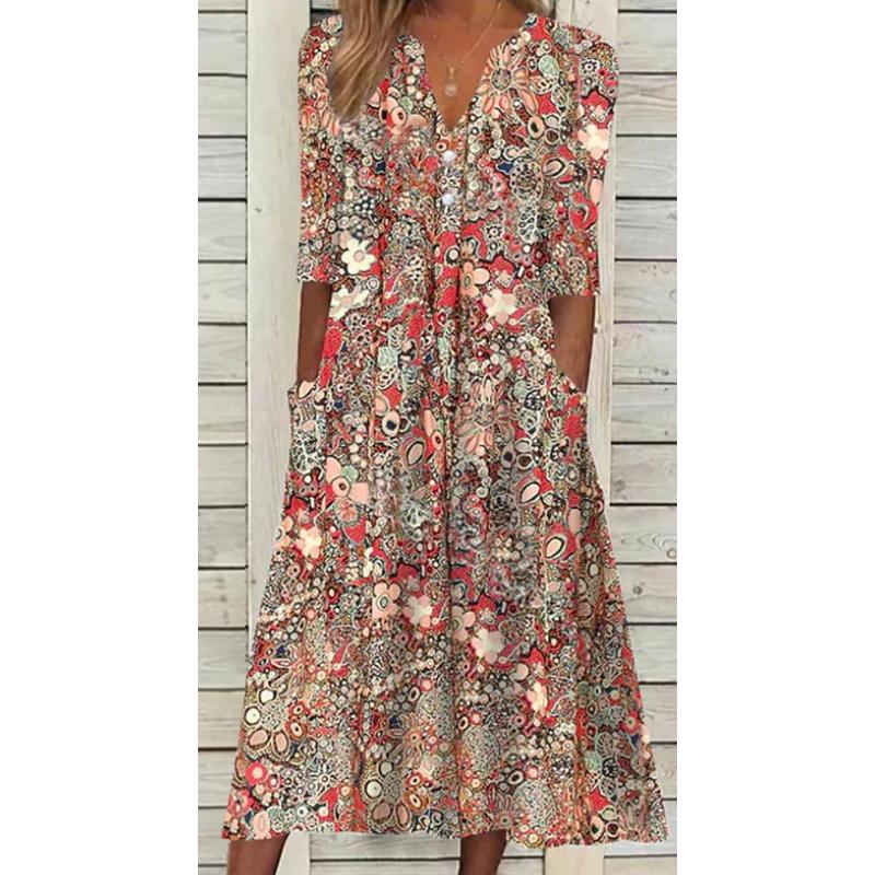 Summer Fashion Vintage Floral Print Boho Party Dresses for Women Vacation V-Neck Short Sleeve Pockets Beach Midi Dress Robe
