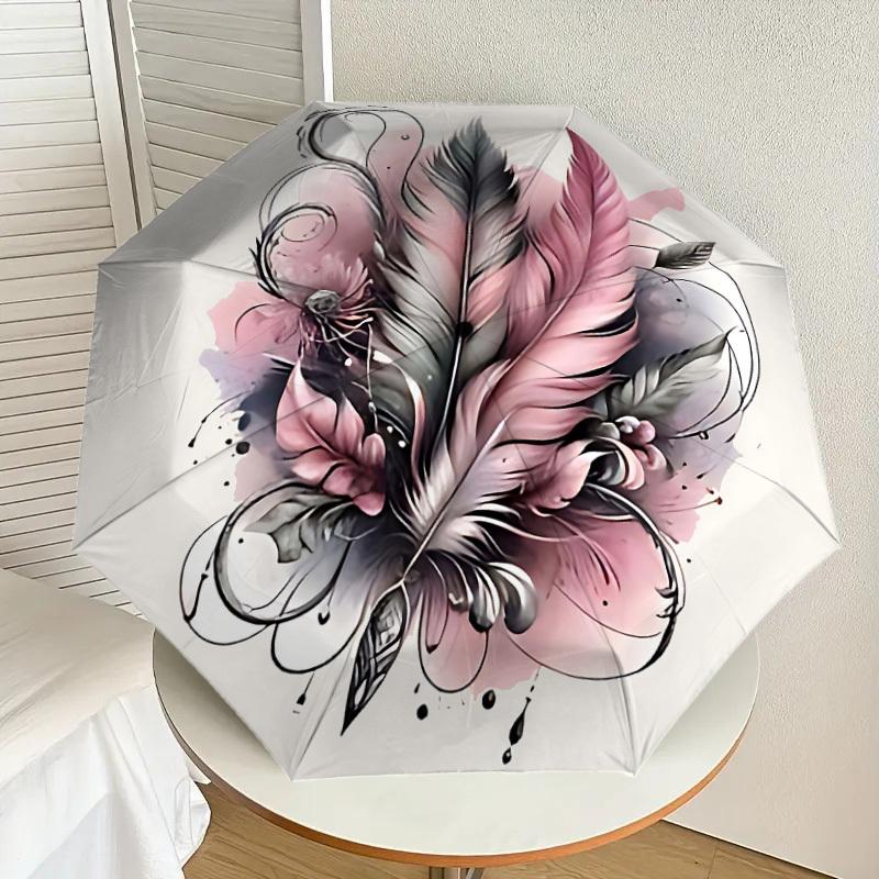1PC Feathers Ink Umbrella-8-Rib Reinforced, Automatic Open, Lightweight & Durable, Cute Fashion Accessory for Outdoor-P29