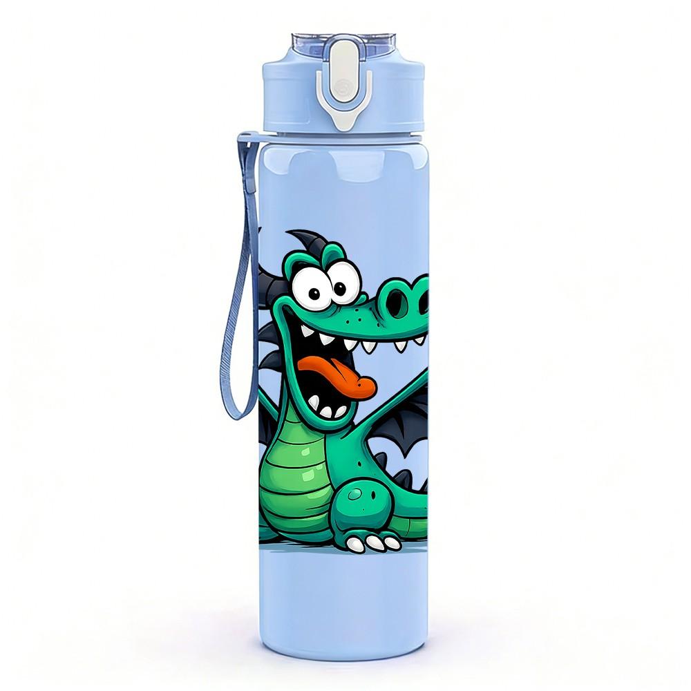 1PC Green Cartoon Dragon 750ml Color Plastic Sports Water Bottle Leakproof Flip Straw Lid Suitable for Sports Office Home Use