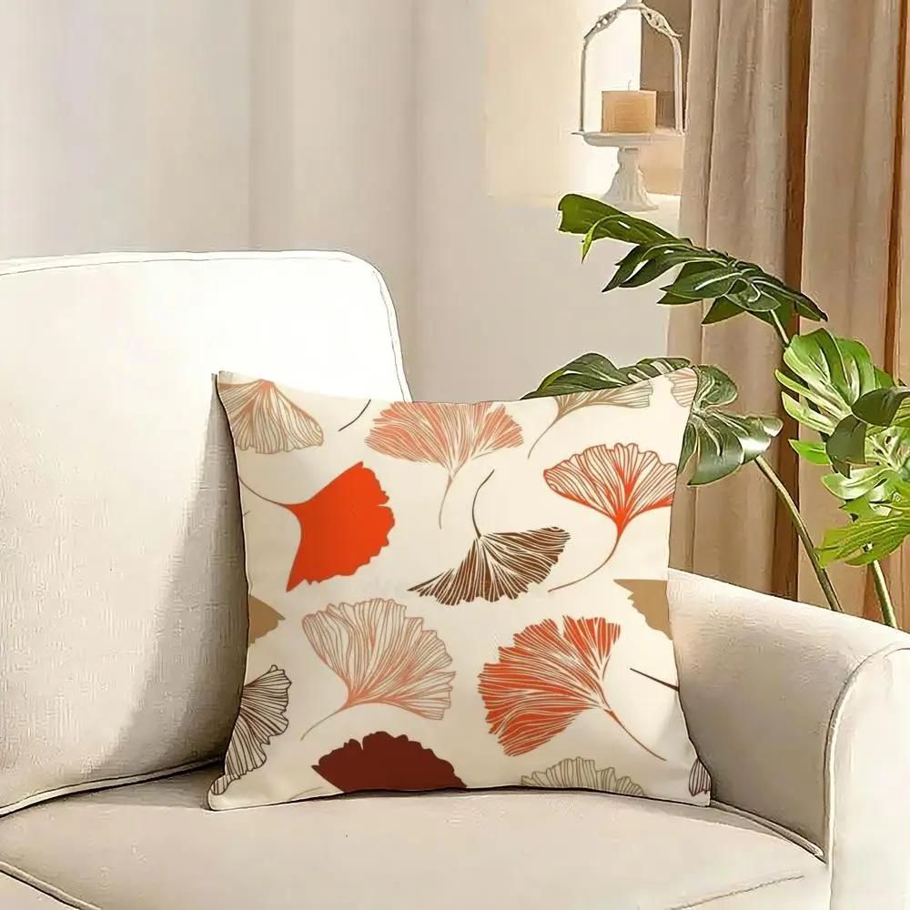 Ginkgo Leaves Printed Cushion Cover Reversible Plush Pillow Cover Soft Fluffy Home Decor for Sofa Bedroom